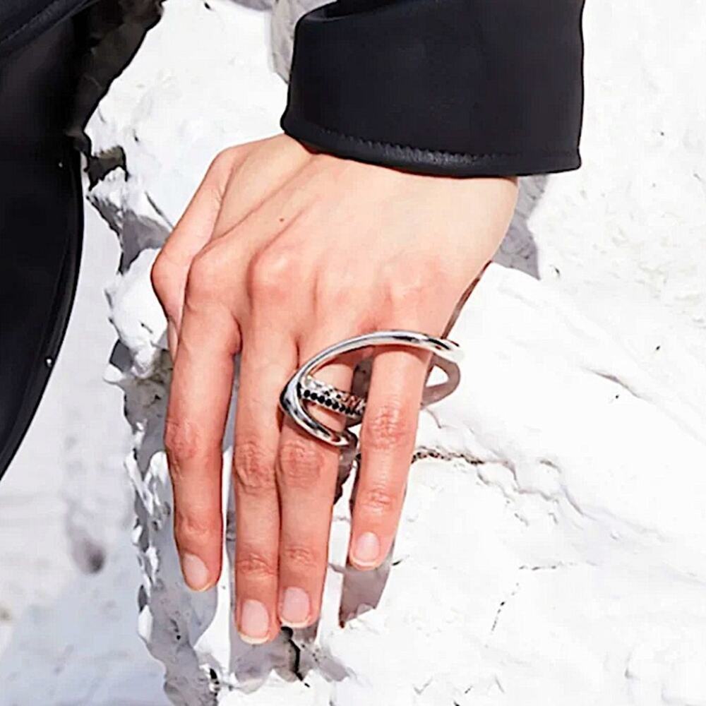 Sterling Silver Two-finger Ring Hollow Geometric For Women Vintage Creative